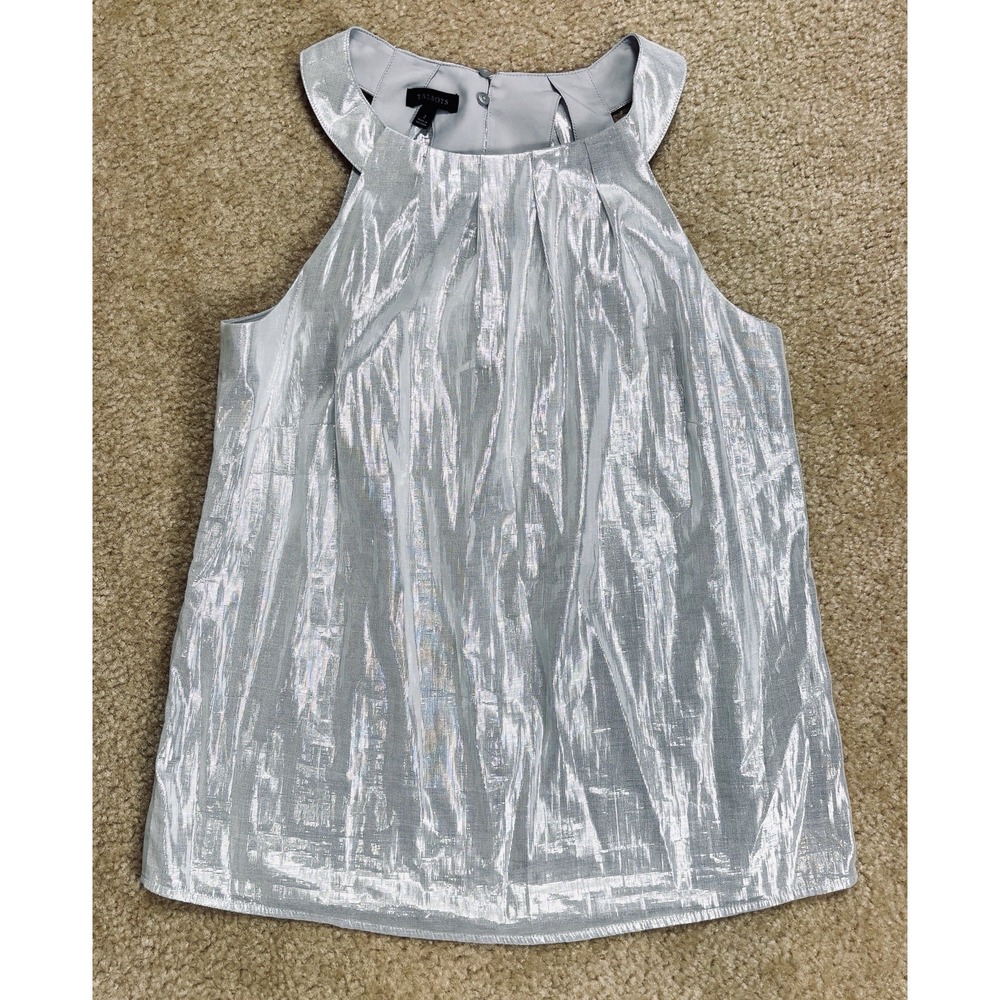 Talbots Womens Silver Metallic Halter Top Pleated Blouse Size 2 Shimmer Side Zip